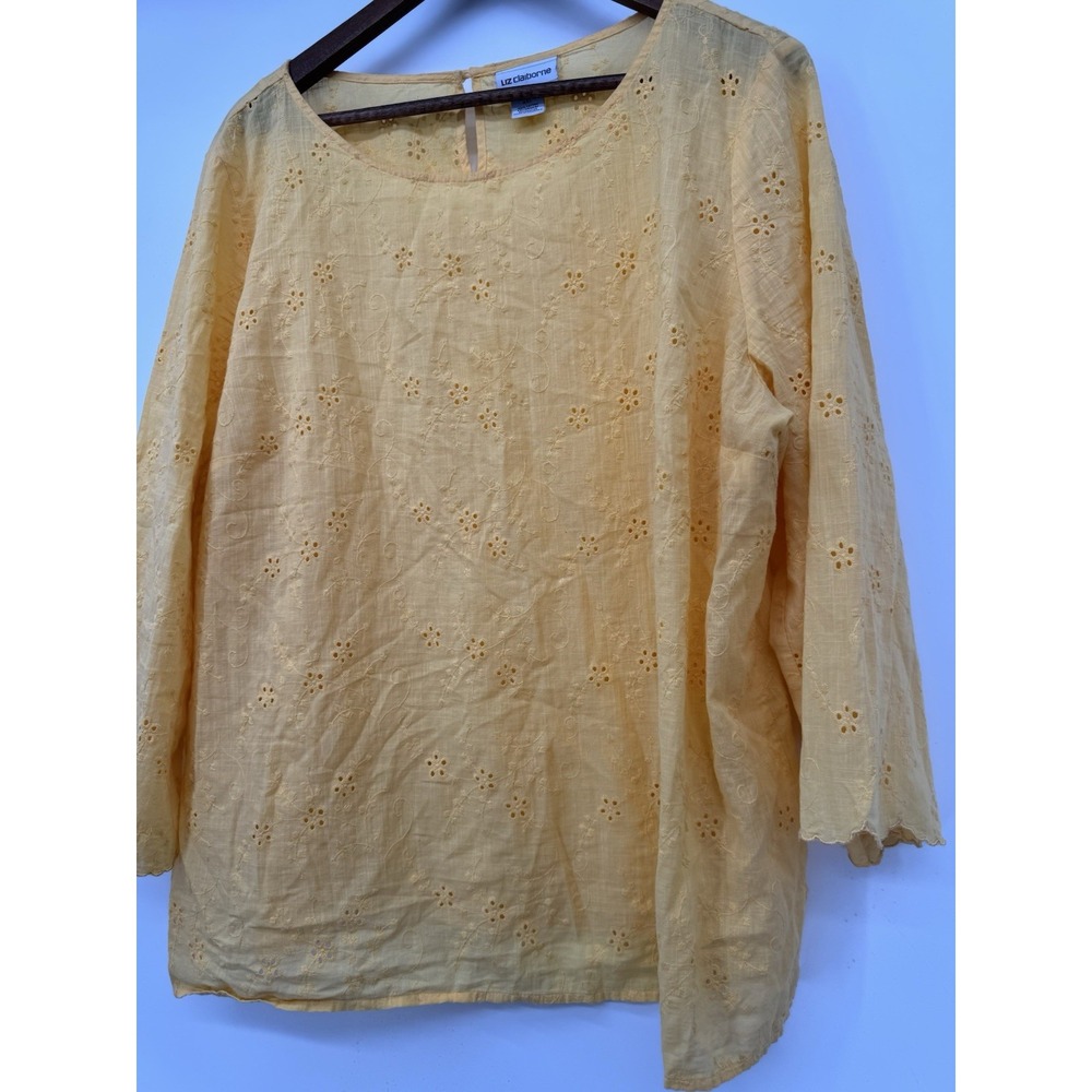 Liz Claiborne 2X Yellow Eyelet 100%‎ Cotton Top Spring Cottagecore Comfort Light - Picture 3 of 8
